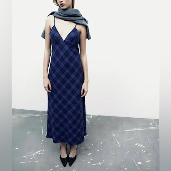 Zara Women’s 90s Plaid Strappy Slip Maxi Dress in Blue/Black Size XS - Picture 1 of 17